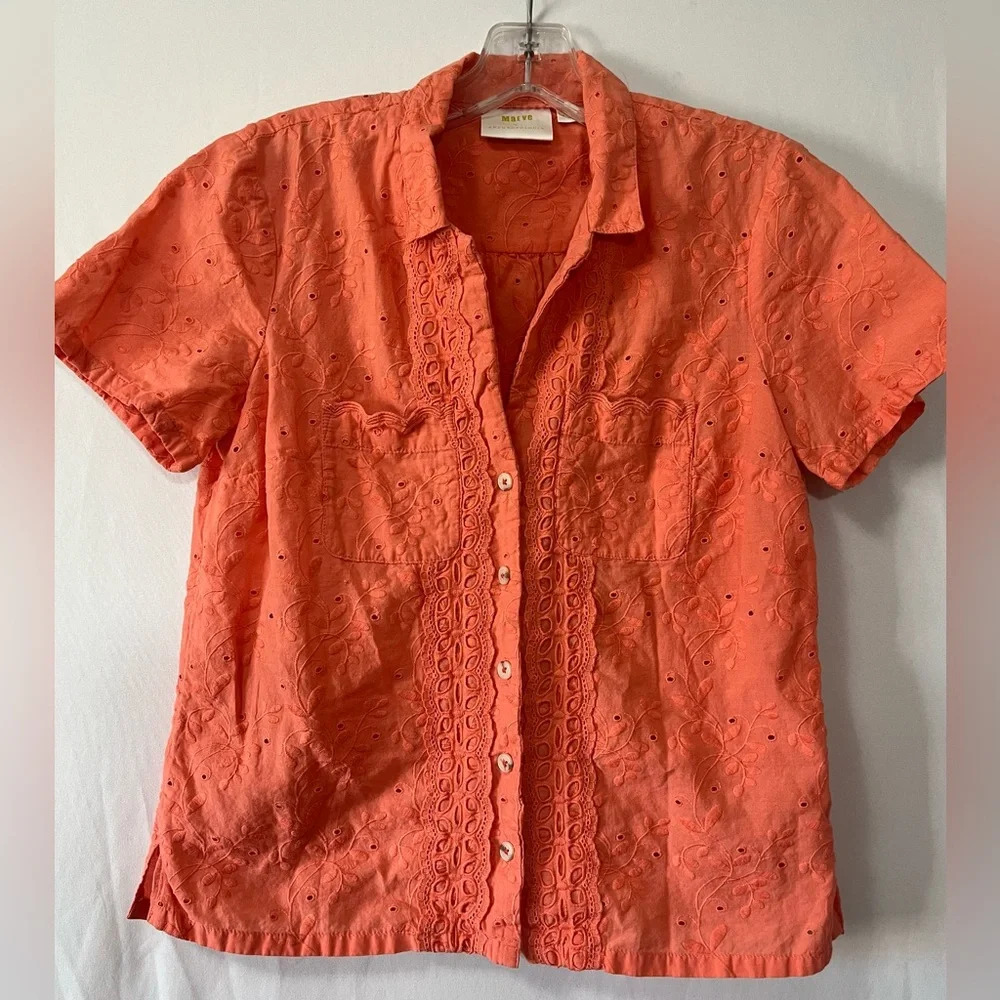 Anthropologie Maeve Guayabera Embroidered Eyelet Coral Short‎ Sleeve Size 0